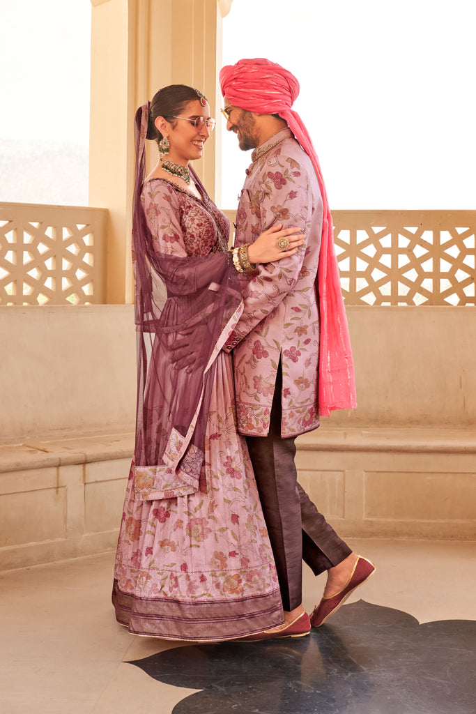 Couple Matching Light Mauve Wedding Wear Silk Anarkali Suit and Sherwani With Beads And Sequins Work