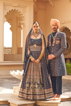 Load image into Gallery viewer, Couple Matching Navy Blue Wedding Wear Silk Anarkali and Sherwani With Beads And Sequins Work