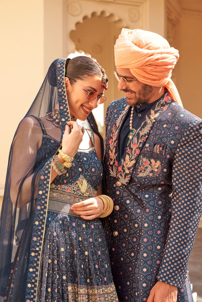Couple Matching Navy Blue Wedding Wear Silk Anarkali and Sherwani With Beads And Sequins Work