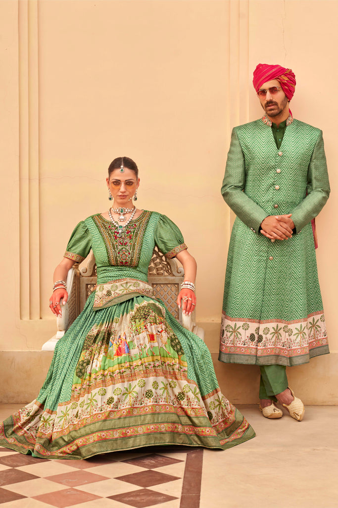 Green Couple Matching Wedding Silk Lehenga and Sherwani Set With Beads And Sequins Work