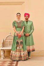 Load image into Gallery viewer, Green Couple Matching Wedding Silk Lehenga and Sherwani Set With Beads And Sequins Work