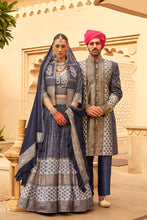 Load image into Gallery viewer, Navy Blue Couple Matching Grey Wedding Silk Lehenga and Sherwani Set With Beads And Sequins Work