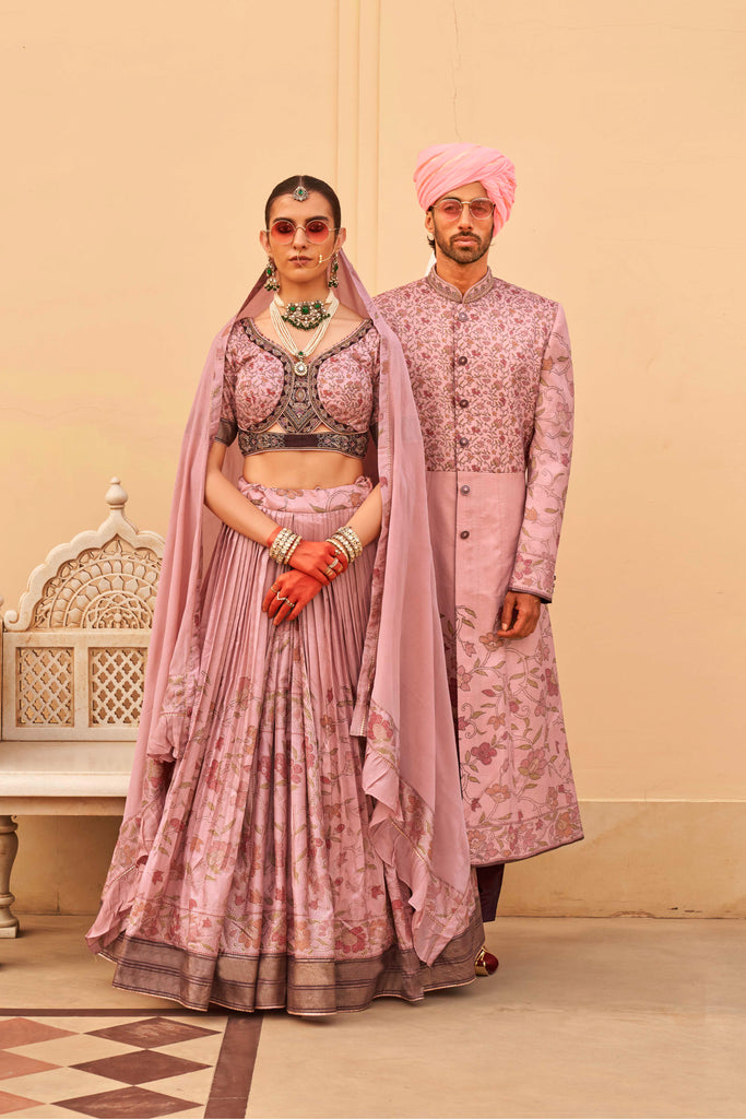 Blush Pink Couple Matching Grey Wedding Silk Lehenga and Sherwani Set With Beads And Sequins Work