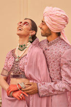 Load image into Gallery viewer, Blush Pink Couple Matching Grey Wedding Silk Lehenga and Sherwani Set With Beads And Sequins Work