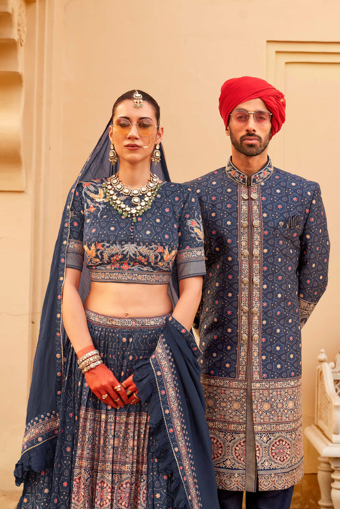 Dark Navy Couple Matching Grey Wedding Silk Lehenga and Sherwani Set With Beads And Sequins Work