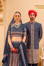Load image into Gallery viewer, Dark Navy Couple Matching Grey Wedding Silk Lehenga and Sherwani Set With Beads And Sequins Work