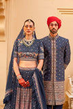 Dark Navy Couple Matching Grey Wedding Silk Lehenga and Sherwani Set With Beads And Sequins Work