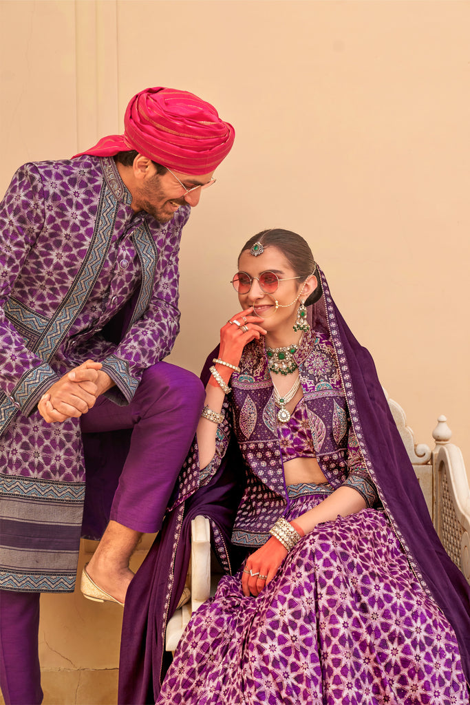 Couple Matching Deep Purple Indo-Western Sherwani and Lehenga Set Embroidered In Silk