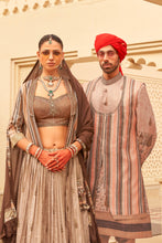 Load image into Gallery viewer, Couple matching Light Brown Indo-Western Sherwani and Lehenga Set Embroidered In Silk