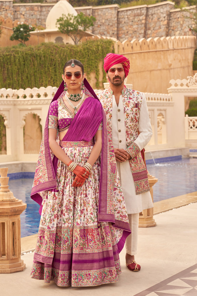 Couple matching white and purple Lehenga and Sherwani Set With Beads And Sequins Work