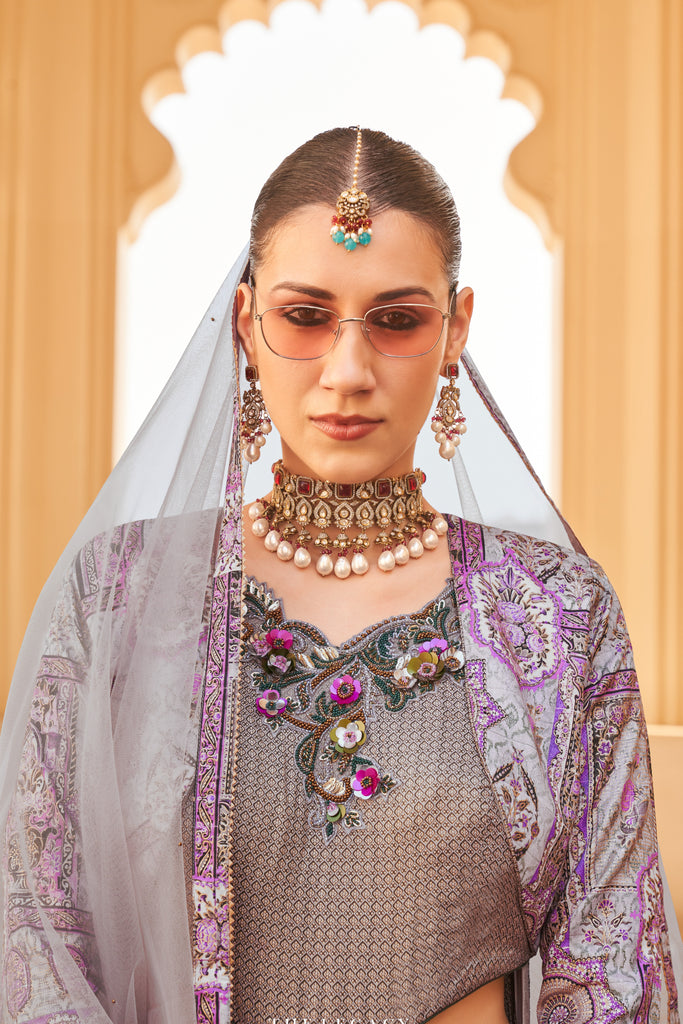 Grey And Purple Two Toned Couple Matching Grey Wedding Silk Anarkali and Sherwani Set With Beads And Sequins Work