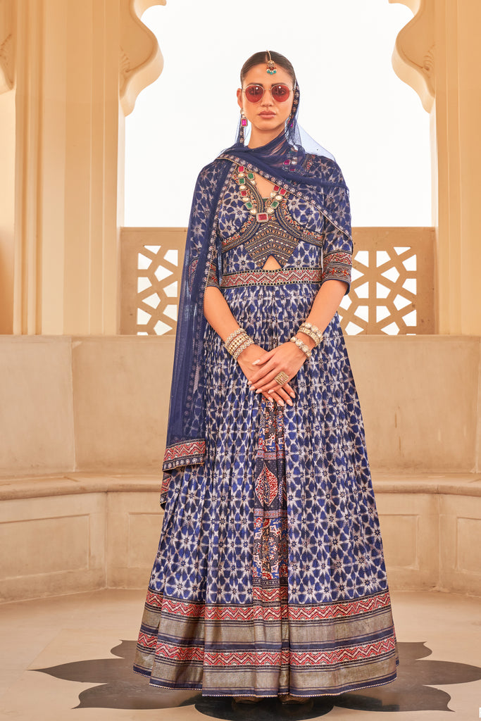 Royal Blue Two Toned Couple Matching Grey Wedding Silk Anarkali and Sherwani Set With Beads And Sequins Work