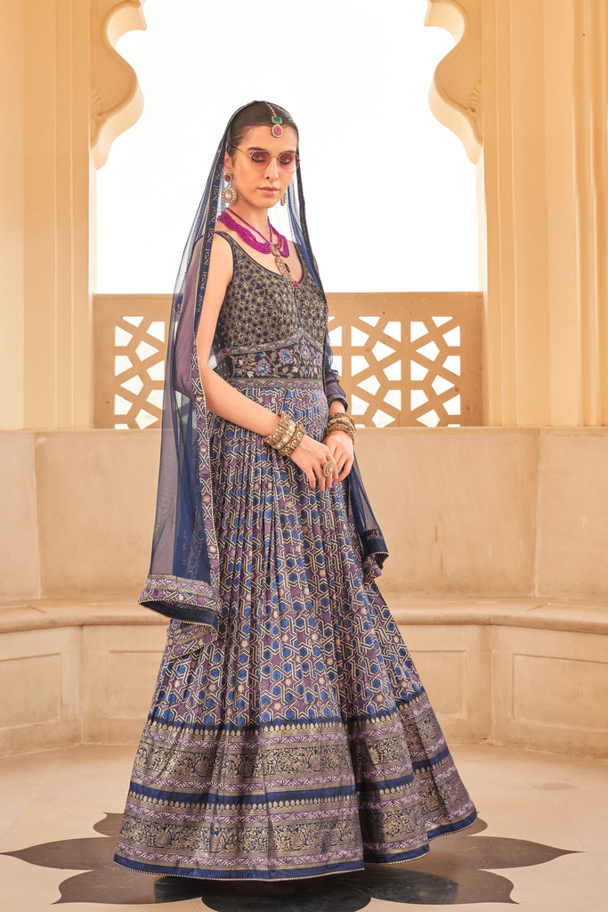 Couple Matching Royal Blue Wedding Wear Silk Anarkali Suit and Sherwani With Beads And Sequins Work