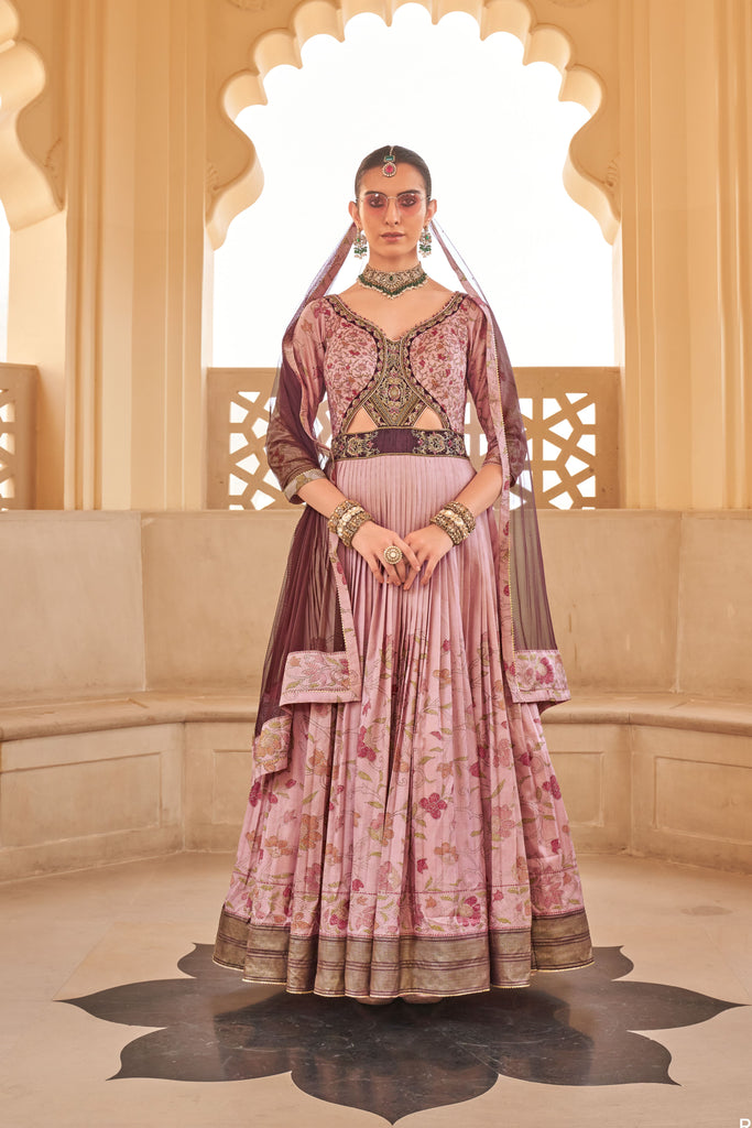 Couple Matching Light Mauve Wedding Wear Silk Anarkali Suit and Sherwani With Beads And Sequins Work