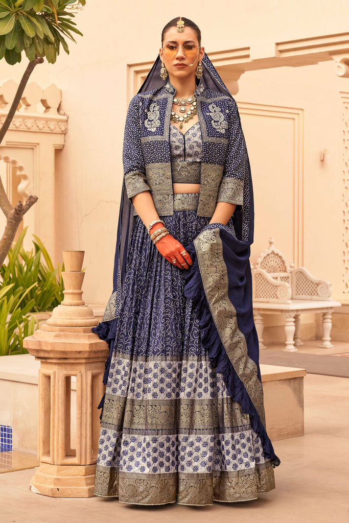 Navy Blue Couple Matching Grey Wedding Silk Lehenga and Sherwani Set With Beads And Sequins Work