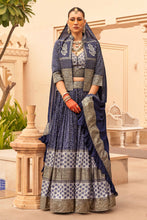 Load image into Gallery viewer, Navy Blue Couple Matching Grey Wedding Silk Lehenga and Sherwani Set With Beads And Sequins Work
