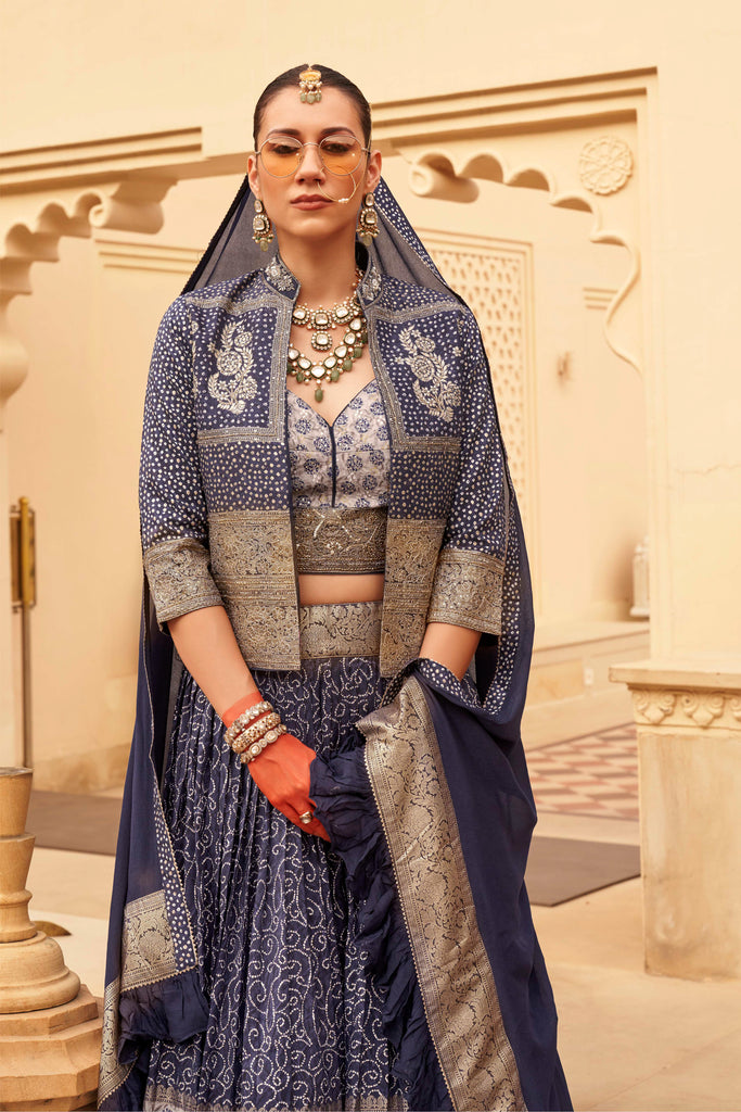 Navy Blue Couple Matching Grey Wedding Silk Lehenga and Sherwani Set With Beads And Sequins Work