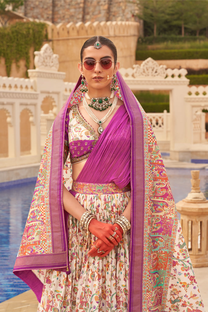 Couple matching white and purple Lehenga and Sherwani Set With Beads And Sequins Work
