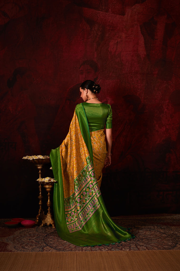 Mustard & Green Printed Silk Traditional Saree With Blouse