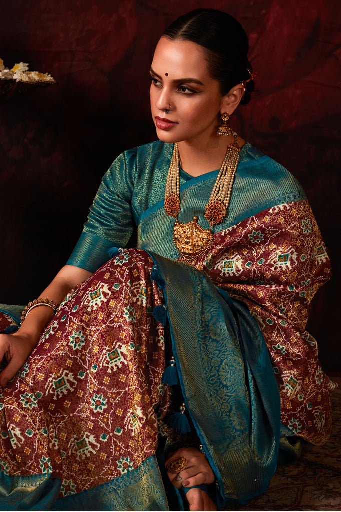 Maroon Patola Printed Silk Traditional Saree With Blouse