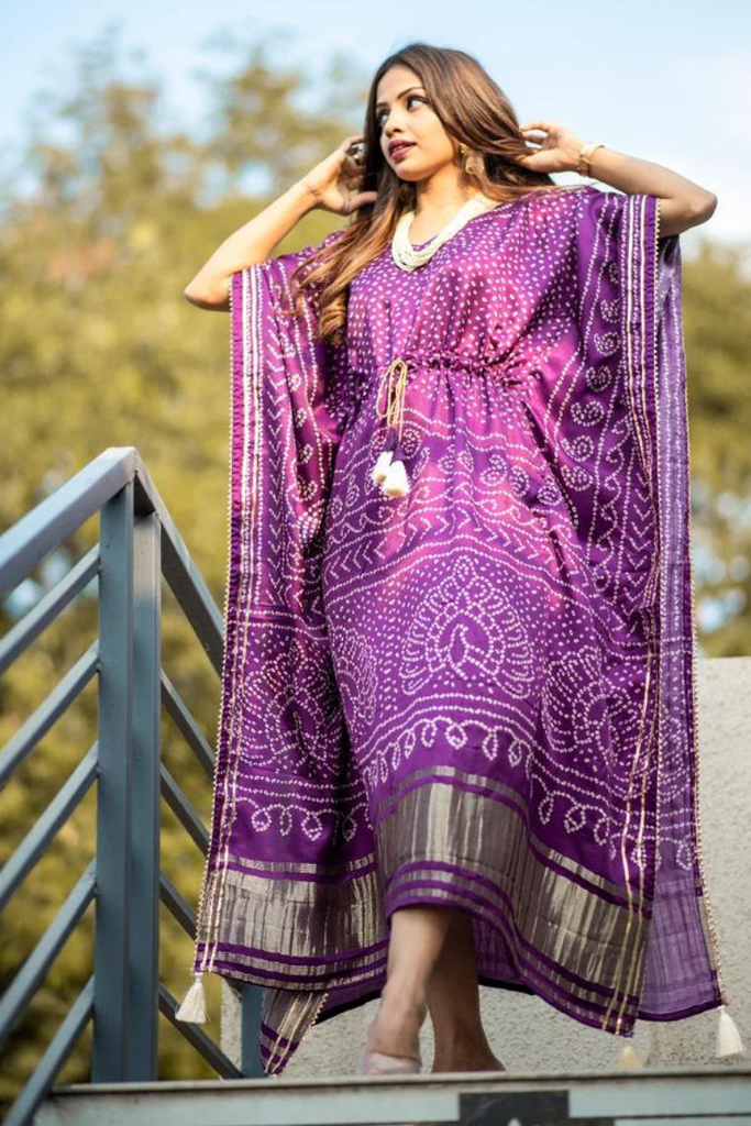 Wine Color Digital Bandhej Print Pure Gaji Silk Kaftan Dress - Diva D London LTD