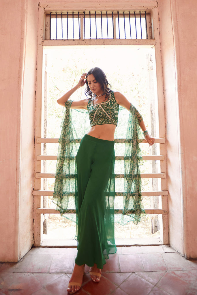 Green Sharara With Hand Embroidery Blouse & Cape
