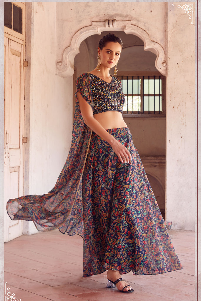 Navy Blue Sharara Choli With Hand Embroidery Blouse & Cape