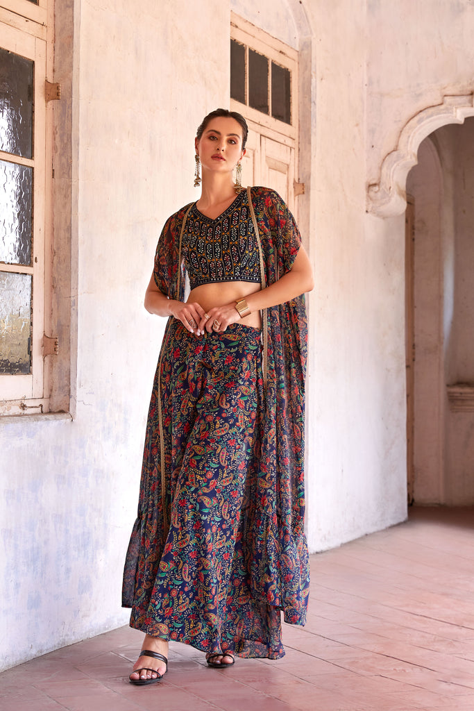 Navy Blue Sharara Choli With Hand Embroidery Blouse & Cape