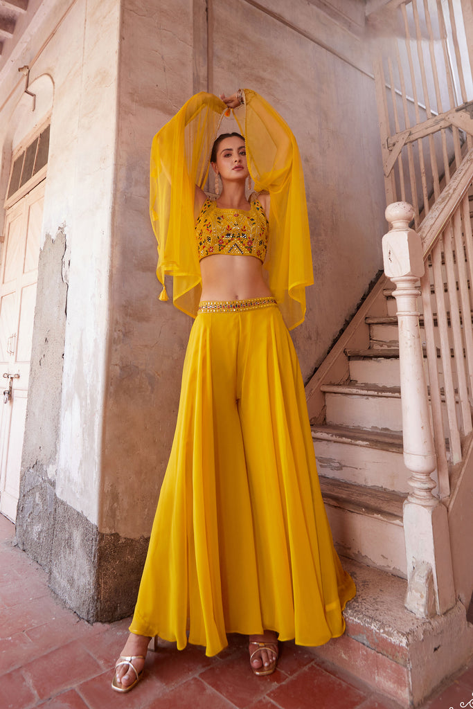 Yellow Sharara Choli With Hand Embroidery Blouse & Cape