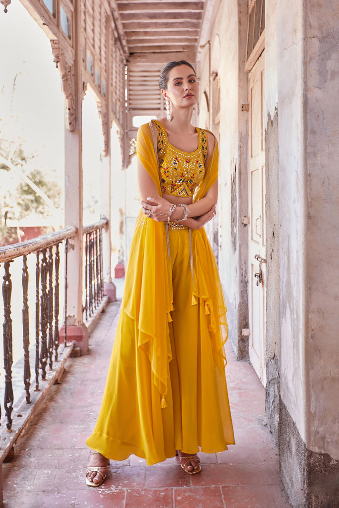 Yellow Sharara Choli With Hand Embroidery Blouse & Cape