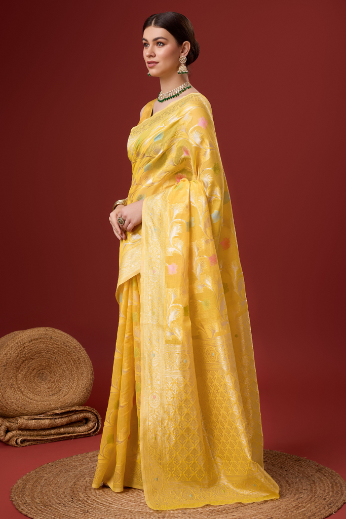 Yellow Woven Ethnic Motifs Organza Silk Saree