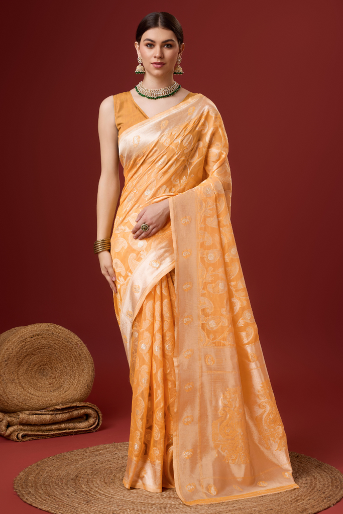 Orange Woven Ethnic Motifs Organza Silk Saree