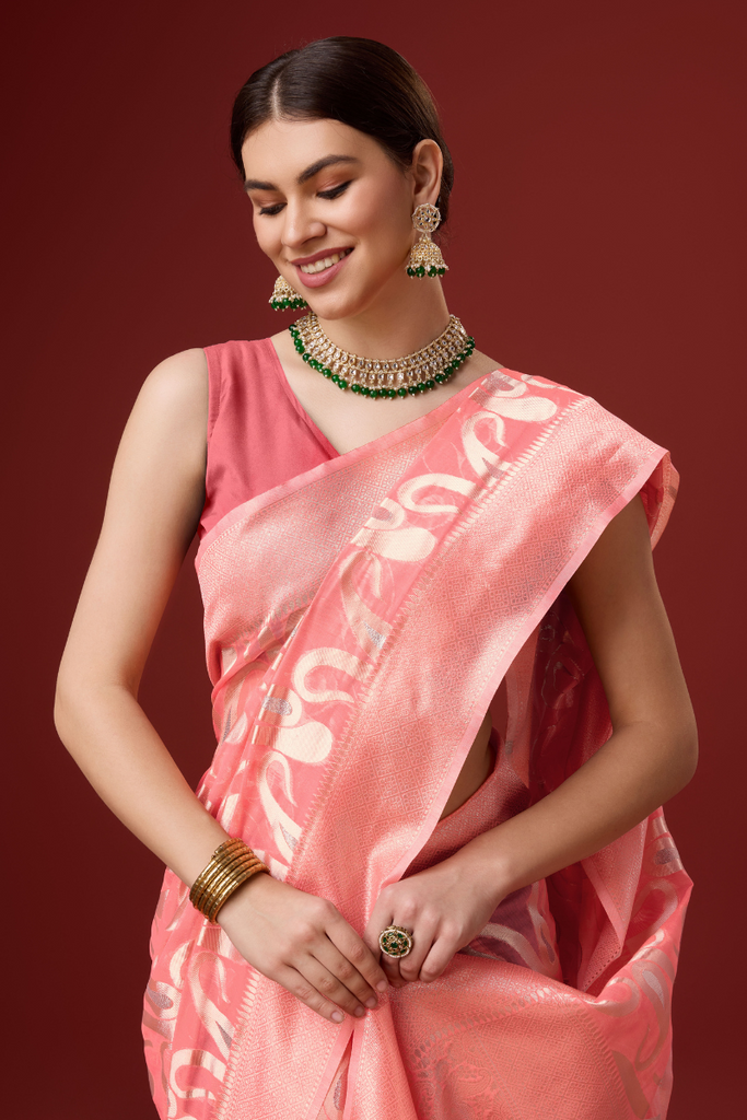 Pink Woven Ethnic Motifs Organza Silk Saree