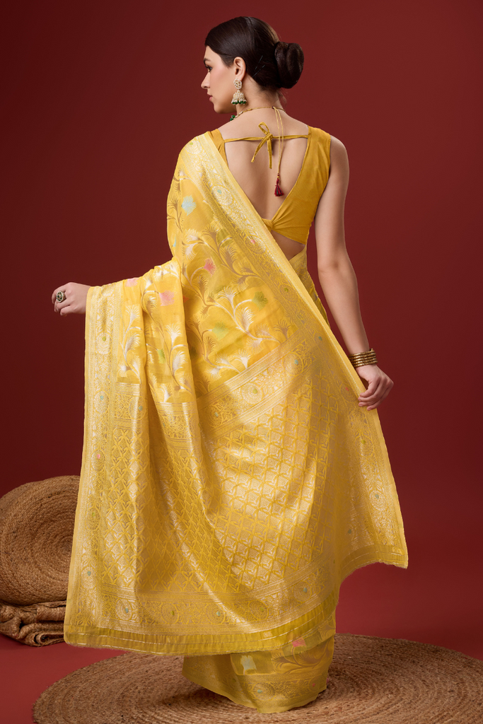 Yellow Woven Ethnic Motifs Organza Silk Saree
