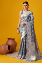 Load image into Gallery viewer, Grey Woven Ethnic Motifs Organza Silk Saree