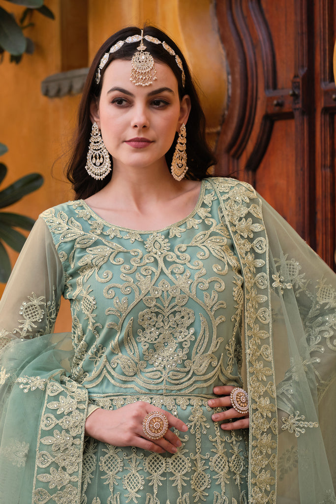 Light Green Alluring Net Fabric Party Style Anarkali Suit