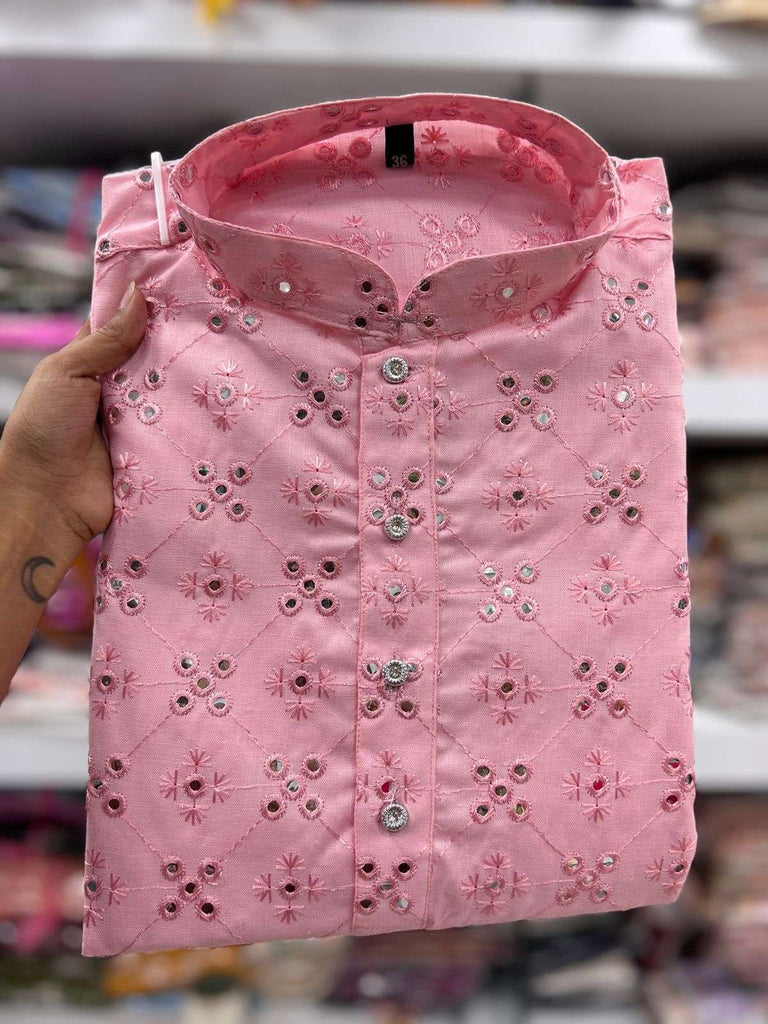 Pink Mirror Work Readymade Kids Wear Kurta And Pajama