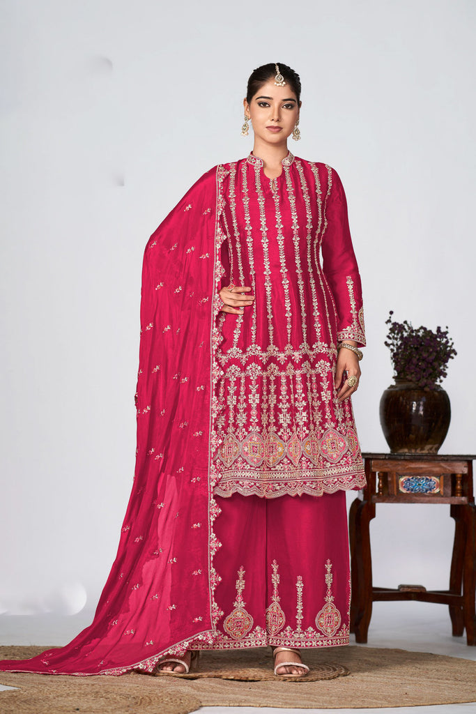 Red Chinon Readymade Salwar Suit