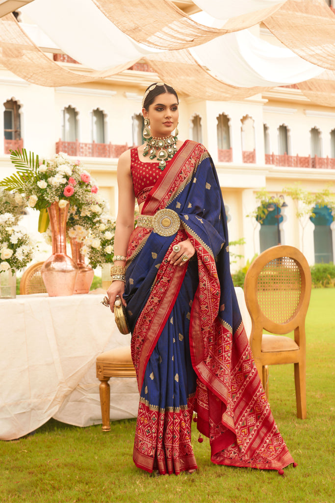 Navy With Red Designer Patola Saree with Matching Blouse