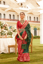 Load image into Gallery viewer, Green With Maroon Border Designer Patola Saree with Matching Blouse
