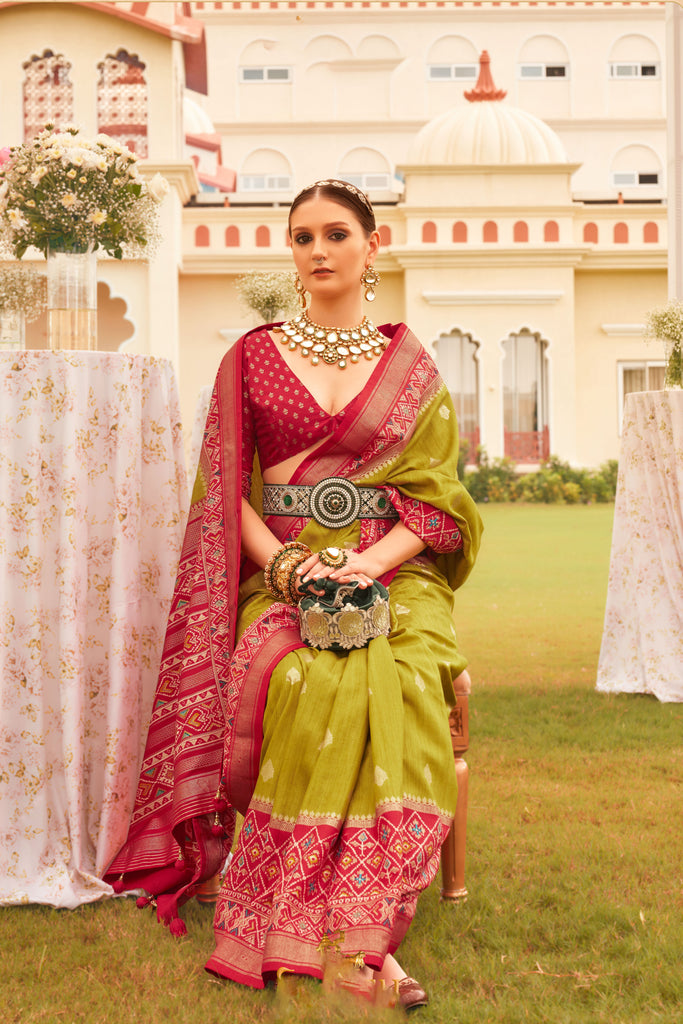 Lime Green With Red Border Designer Patola Saree with Matching Blouse