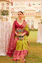 Load image into Gallery viewer, Lime Green With Red Border Designer Patola Saree with Matching Blouse