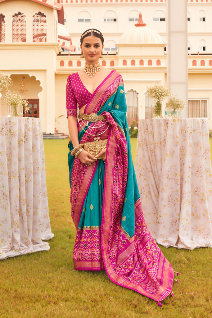 Blue With Pink Border Designer Patola Saree with Matching Blouse