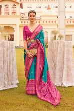 Load image into Gallery viewer, Blue With Pink Border Designer Patola Saree with Matching Blouse