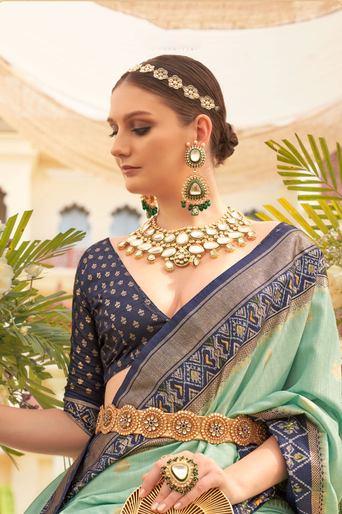Mint With Navy Border Designer Patola Saree with Matching Blouse