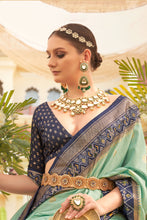 Load image into Gallery viewer, Mint With Navy Border Designer Patola Saree with Matching Blouse