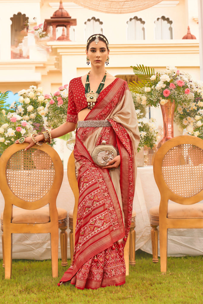 White With Red Designer Patola Saree with Matching Blouse