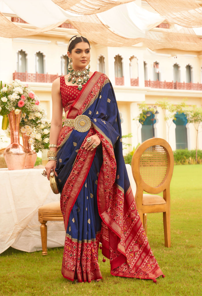 Navy With Red Designer Patola Saree with Matching Blouse