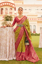 Load image into Gallery viewer, Lime Green With Red Border Designer Patola Saree with Matching Blouse
