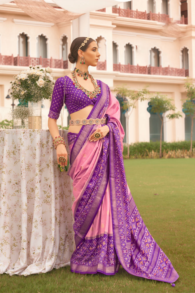 Pink With Purple Border Designer Patola Saree with Matching Blouse